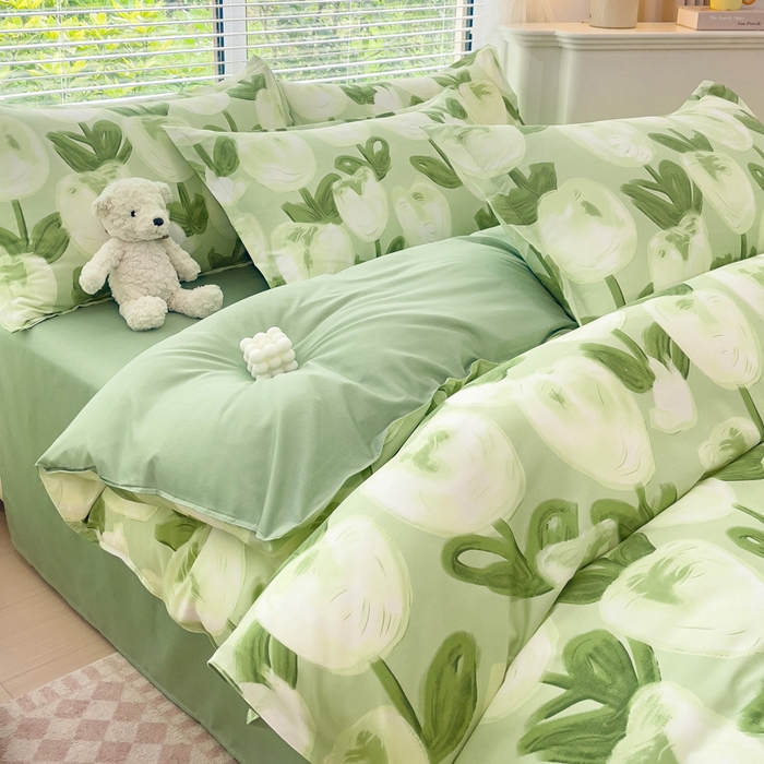 91家纺网 家纺一手货源 找家纺 布可家纺 2025新款水洗棉印花四件套 梨花绿