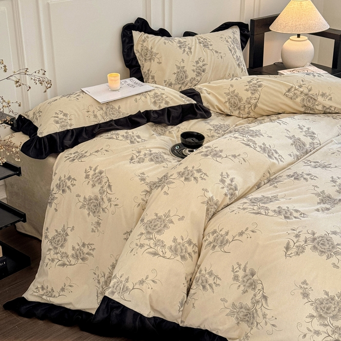 91家纺网 家纺一手货源 找家纺 宅家居 2024秋冬爆款轻法式小香风灯芯绒提花立体韩版花边牛奶绒四件套 牡丹