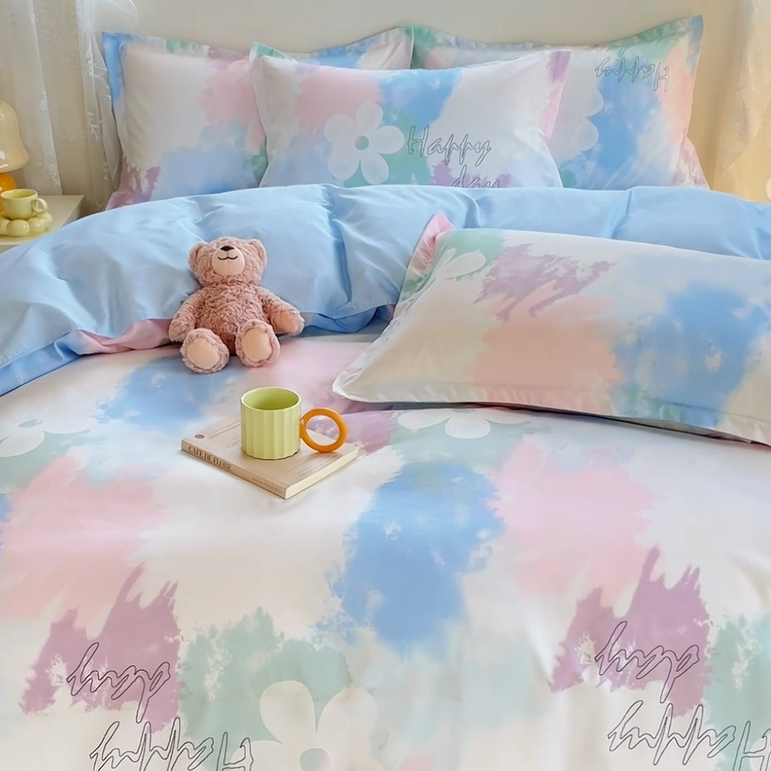 91家纺网 家纺一手货源 找家纺 布可家纺 2025新款水洗棉印花四件套 晕染马卡龙