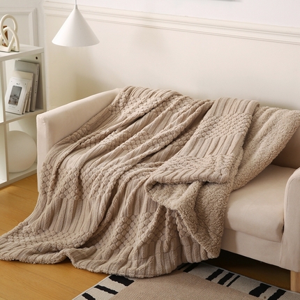 巴木赫 2024新款舒棉绒点点塔芙绒双层配色羊羔绒沙发盖毯 米杏配色