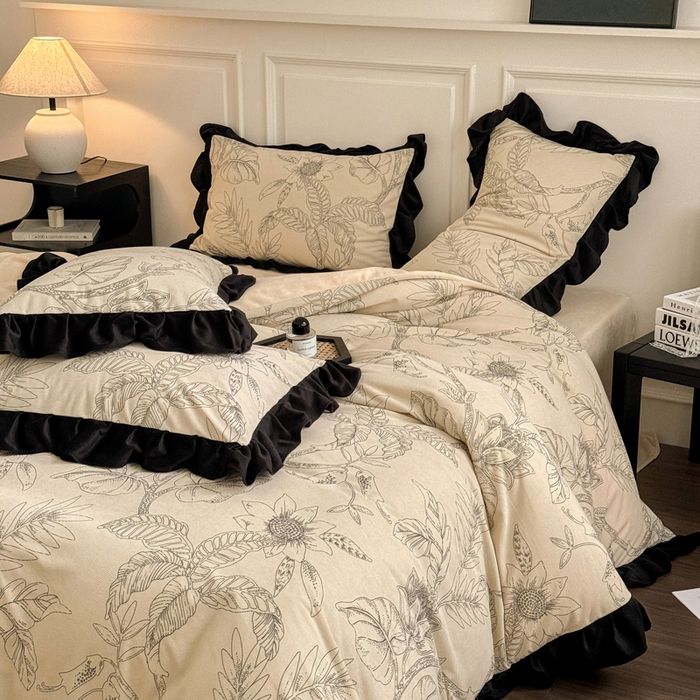 91家纺网 家纺一手货源 找家纺 宅家居 2024秋冬爆款轻法式小香风灯芯绒提花立体韩版花边牛奶绒四件套 语叶