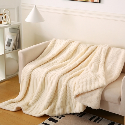 巴木赫 2024新款舒棉绒点点塔芙绒双层配色羊羔绒沙发盖毯 米白配色