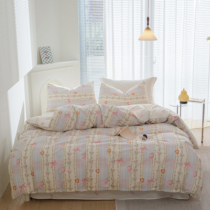 91家纺网 家纺一手货源 找家纺 布可家纺 2025新款水洗棉印花四件套 草莓蝴蝶结