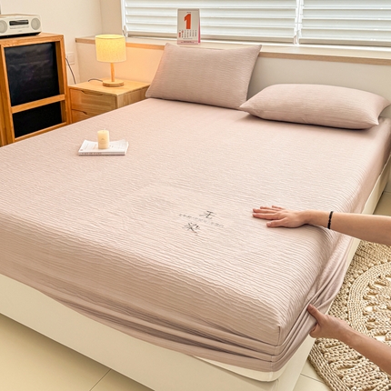 91家纺网 家纺一手货源 找家纺 （总）小萌虎 2024新款A类纯色无染双层纱皱皱棉床笠