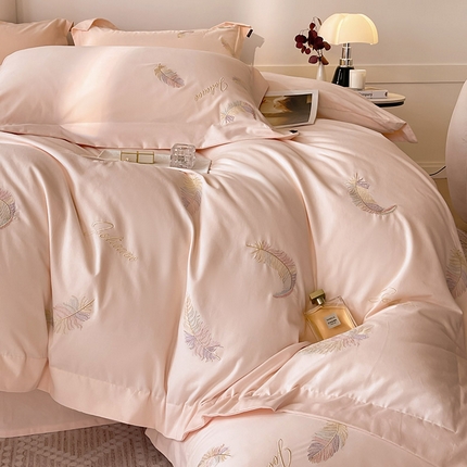 【A类母婴级】轻奢风A类加厚保暖全棉磨毛四件套纯棉刺绣床单被套床笠款纯色简约床上用品 洛依-白桃