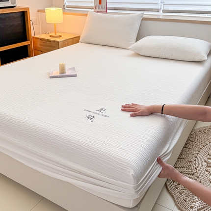 91家纺网 家纺一手货源 找家纺 （总）小萌虎 2024新款A类纯色无染双层纱皱皱棉床笠