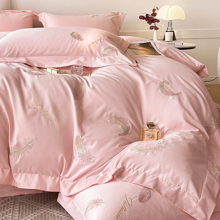【A类母婴级】轻奢风A类加厚保暖全棉磨毛四件套纯棉刺绣床单被套床笠款纯色简约床上用品 洛依-颜粉