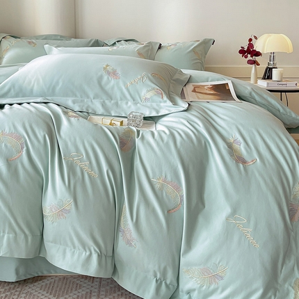 【A类母婴级】轻奢风A类加厚保暖全棉磨毛四件套纯棉刺绣床单被套床笠款纯色简约床上用品 洛依-茶绿