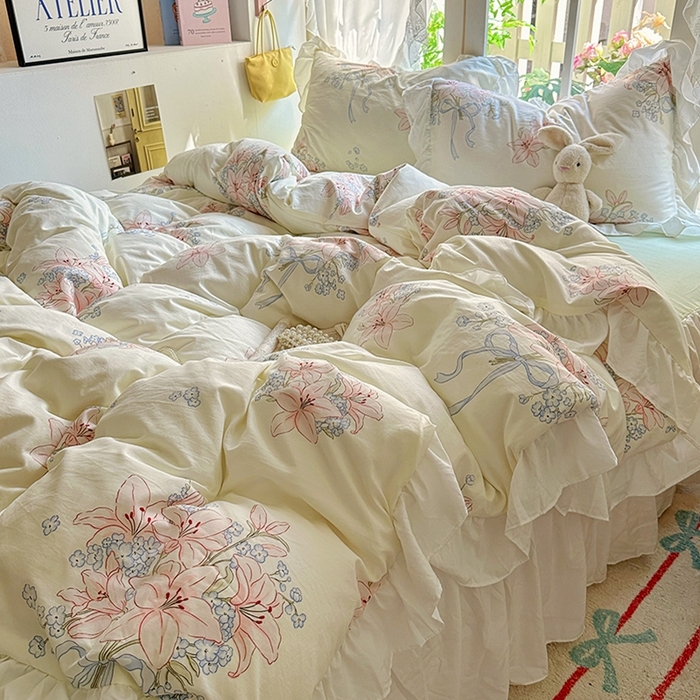 91家纺网 家纺一手货源 找家纺 家贝爱 2024新款南法风花边水洗棉四件套 南法风-花团锦簇