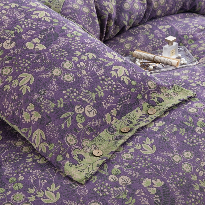 91家纺网 家纺一手货源 找家纺 鲁爱 2025新款全棉色织双层纱纽扣款四件套 普罗旺斯-紫