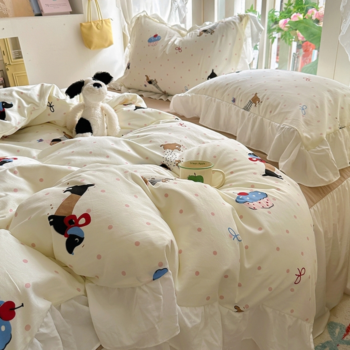 91家纺网 家纺一手货源 找家纺 家贝爱 2024新款南法风花边水洗棉四件套 南法风-腊肠狗