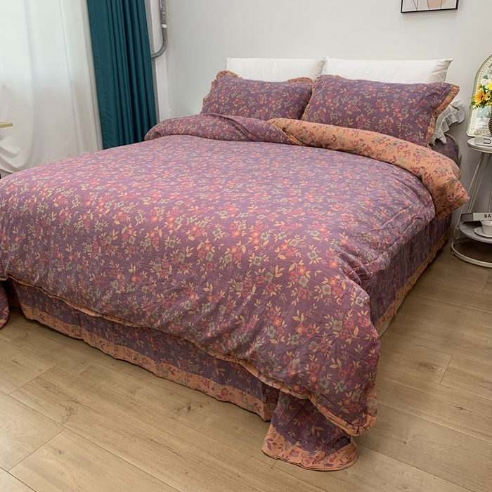 91家纺网 家纺一手货源 找家纺 鲁爱家纺供货 2025新款全棉色织双层纱花边款四件套 诗意-紫罗兰