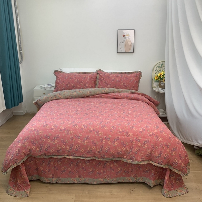 91家纺网 家纺一手货源 找家纺 鲁爱家纺供货 2025新款全棉色织双层纱花边款四件套 诗意-粉