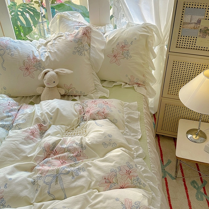 91家纺网 家纺一手货源 找家纺 家贝爱 2024新款南法风花边水洗棉四件套 南法风-花团锦簇