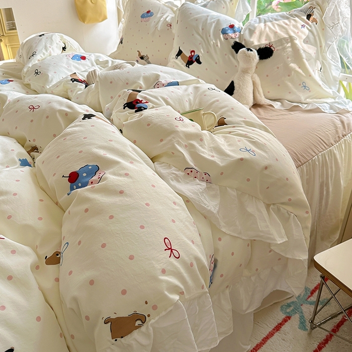 91家纺网 家纺一手货源 找家纺 家贝爱 2024新款南法风花边水洗棉四件套 南法风-腊肠狗