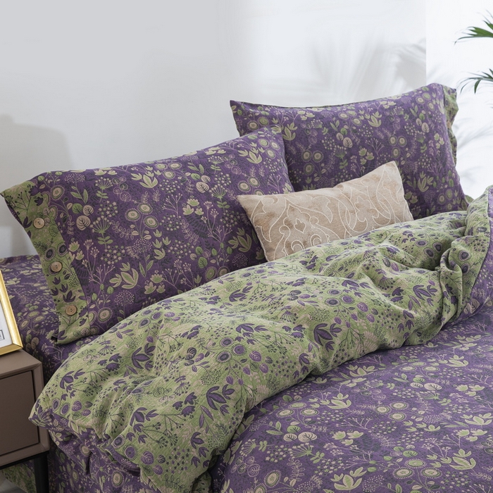 91家纺网 家纺一手货源 找家纺 鲁爱 2025新款全棉色织双层纱纽扣款四件套 普罗旺斯-紫