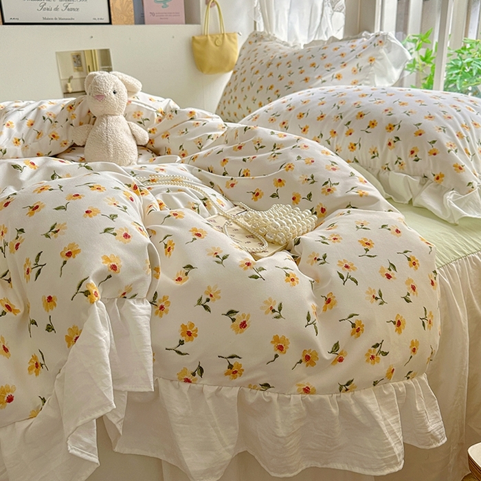 91家纺网 家纺一手货源 找家纺 家贝爱 2024新款南法风花边水洗棉四件套 南法风-恋人黄