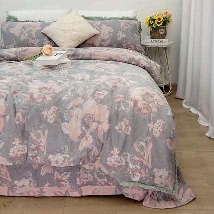 91家纺网 家纺一手货源 找家纺 （总）鲁爱 2025新款全棉双层纱流苏花边四件套