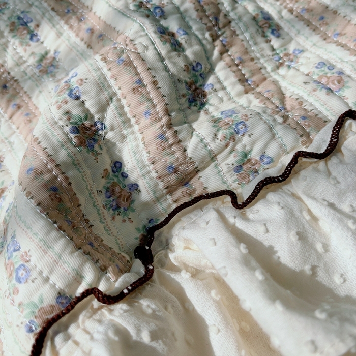 91家纺网 家纺一手货源 找家纺 暖居 2024新款韩系高温砂洗棉花泡泡花边款床盖三件套绗缝加棉防滑床单 茶园