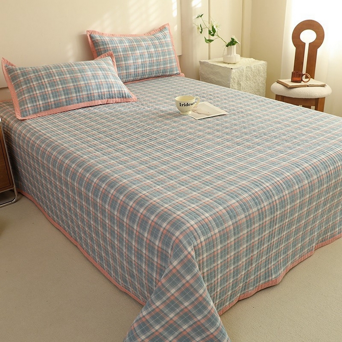 91家纺网 家纺一手货源 找家纺 棉小二 2024新款双面全棉色织水洗棉床盖三件套 达乐-蓝+小清香-粉