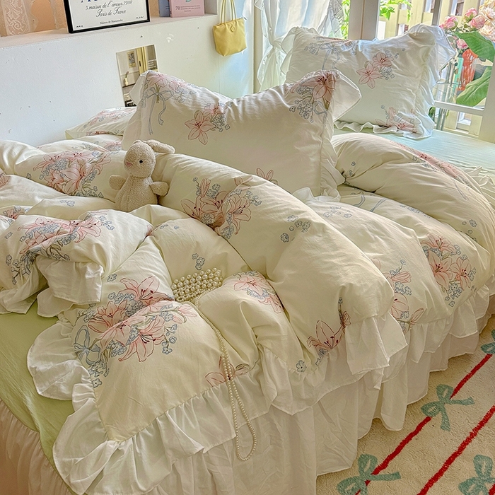 91家纺网 家纺一手货源 找家纺 家贝爱 2024新款南法风花边水洗棉四件套 南法风-花团锦簇