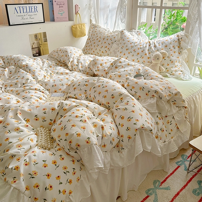 91家纺网 家纺一手货源 找家纺 家贝爱 2024新款南法风花边水洗棉四件套 南法风-恋人黄