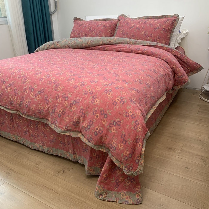 91家纺网 家纺一手货源 找家纺 鲁爱家纺供货 2025新款全棉色织双层纱花边款四件套 诗意-粉