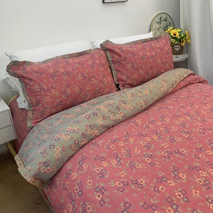 91家纺网 家纺一手货源 找家纺 鲁爱家纺供货 2025新款全棉色织双层纱花边款四件套 诗意-粉