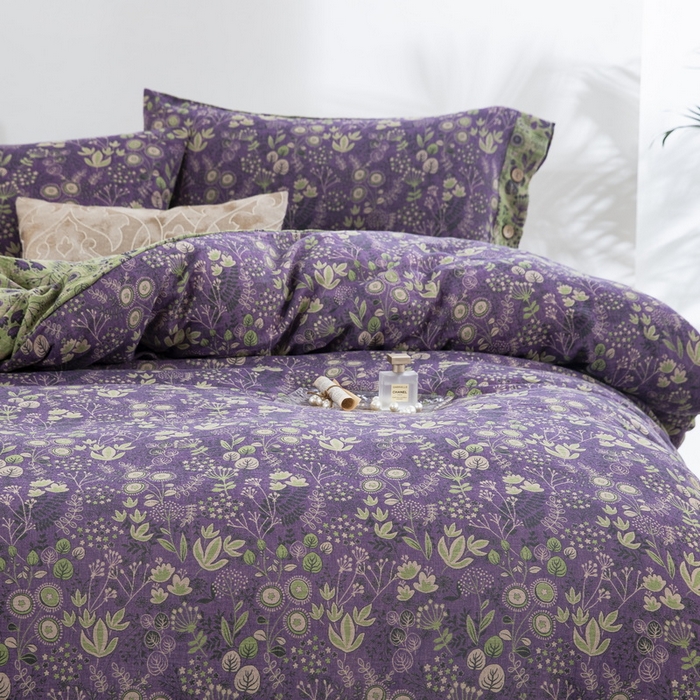 91家纺网 家纺一手货源 找家纺 鲁爱 2025新款全棉色织双层纱纽扣款四件套 普罗旺斯-紫