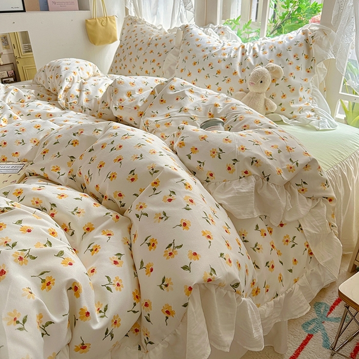 91家纺网 家纺一手货源 找家纺 家贝爱 2024新款南法风花边水洗棉四件套 南法风-恋人黄