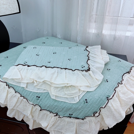 暖居 2024新款韩系高温砂洗棉花泡泡花边款床盖三件套绗缝加棉防滑床单 麦凯拉—蓝