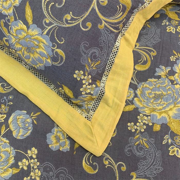 91家纺网 家纺一手货源 找家纺 鲁爱 2025新款全棉色织双层纱新款镂空四件套 陌上花开-黑金