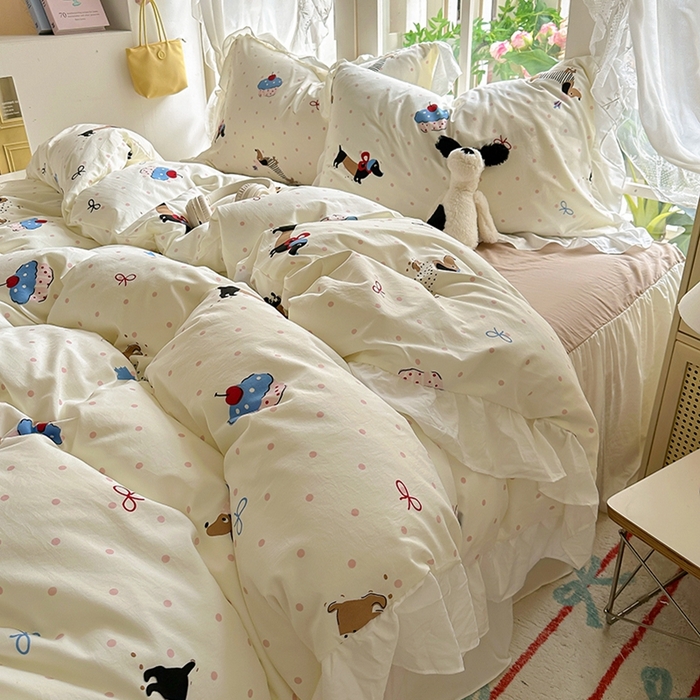 91家纺网 家纺一手货源 找家纺 家贝爱 2024新款南法风花边水洗棉四件套 南法风-腊肠狗