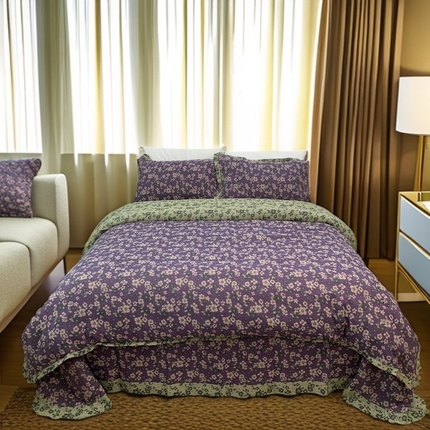 91家纺网 家纺一手货源 找家纺 （总）鲁爱家纺供货 2025新款全棉色织双层纱花边款四件套