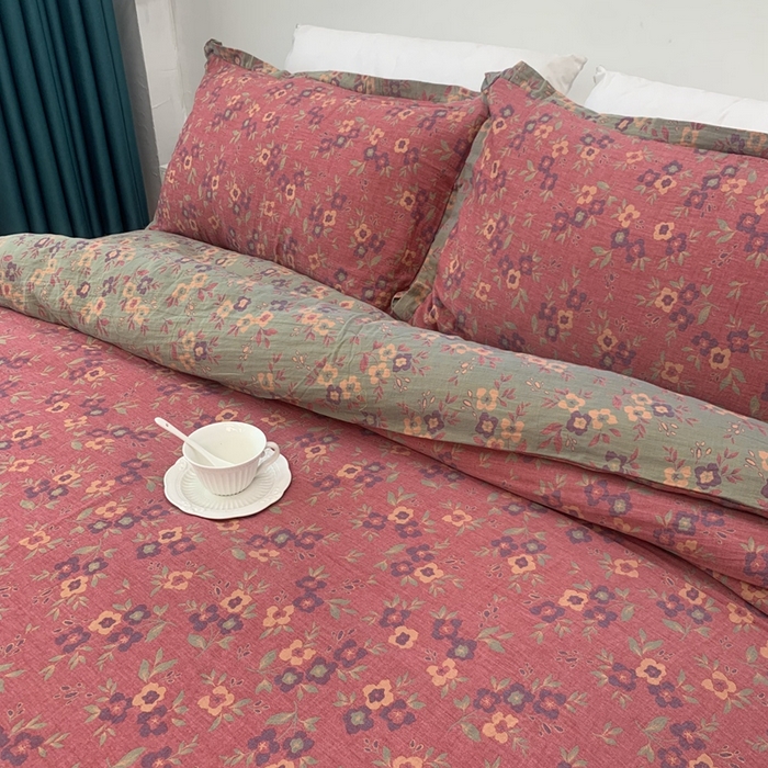 91家纺网 家纺一手货源 找家纺 鲁爱家纺供货 2025新款全棉色织双层纱花边款四件套 诗意-粉