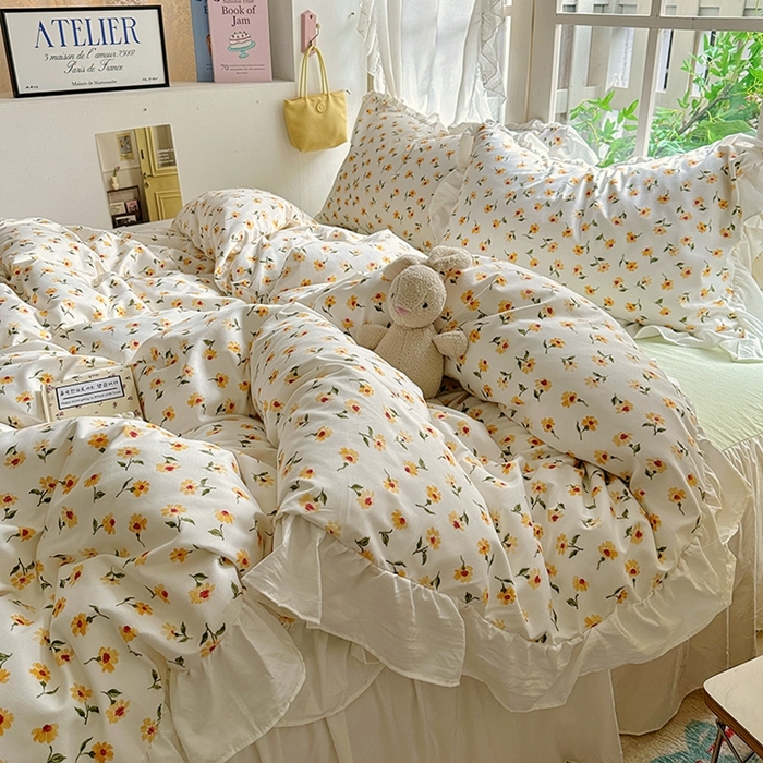 91家纺网 家纺一手货源 找家纺 家贝爱 2024新款南法风花边水洗棉四件套 南法风-恋人黄