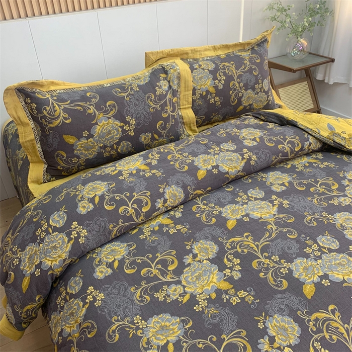 91家纺网 家纺一手货源 找家纺 鲁爱 2025新款全棉色织双层纱新款镂空四件套 陌上花开-黑金