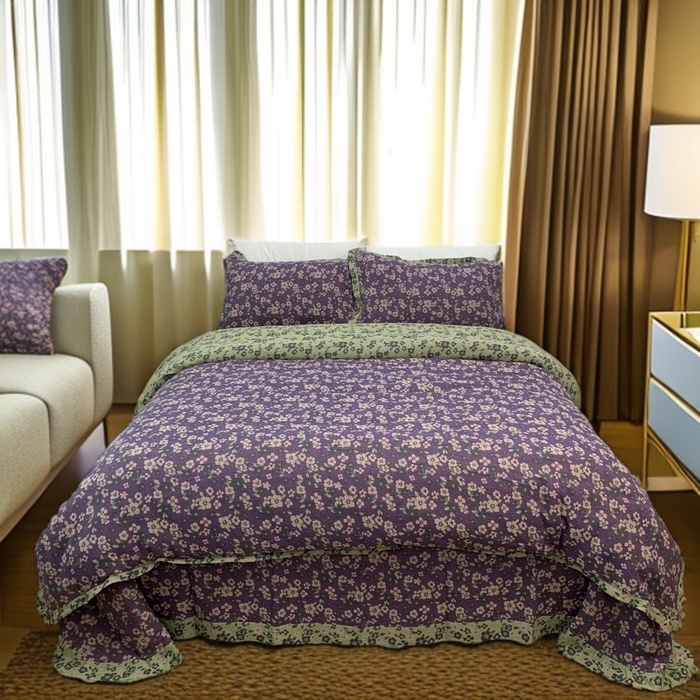 91家纺网 家纺一手货源 找家纺 鲁爱家纺供货 2025新款全棉色织双层纱花边款四件套 花间物语-紫