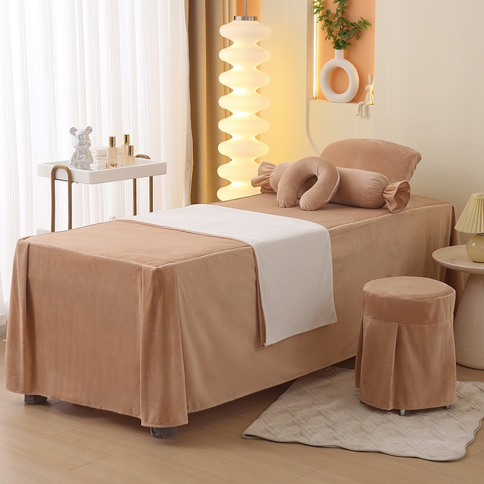 91家纺网 家纺一手货源 找家纺 琪宝阁 2024新款A兔毛绒B面宝宝绒美 容床罩套件-云朵 卡其+米白被