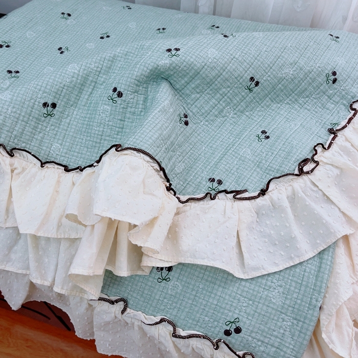 91家纺网 家纺一手货源 找家纺 暖居 2024新款韩系高温砂洗棉花泡泡花边款床盖三件套绗缝加棉防滑床单 麦凯拉—蓝