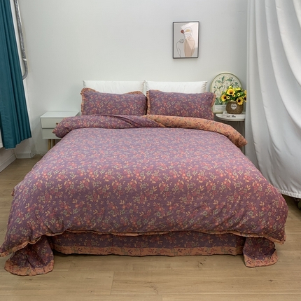 鲁爱家纺供货 2025新款全棉色织双层纱花边款四件套 诗意-紫罗兰