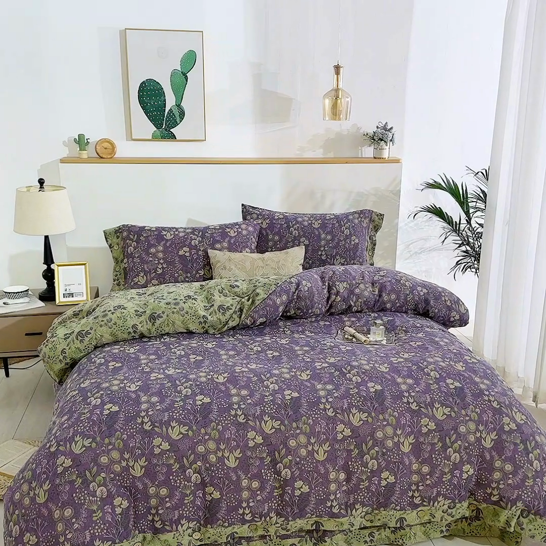 91家纺网 家纺一手货源 找家纺 鲁爱 2025新款全棉色织双层纱纽扣款四件套 普罗旺斯-紫