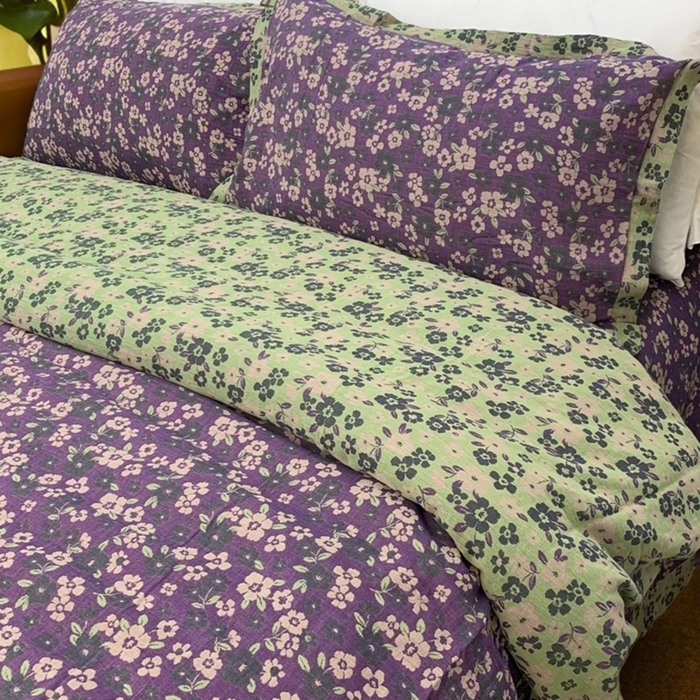 91家纺网 家纺一手货源 找家纺 鲁爱家纺供货 2025新款全棉色织双层纱花边款四件套 花间物语-紫