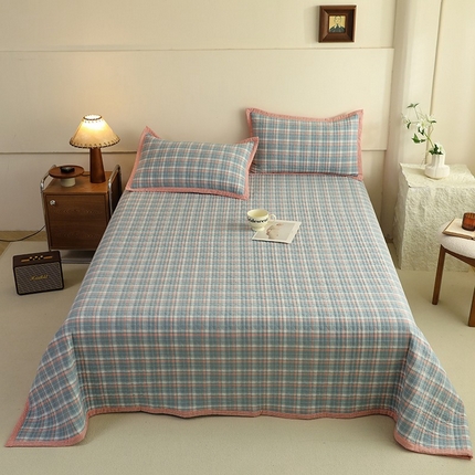 棉小二 2024新款双面全棉色织水洗棉床盖三件套 达乐-蓝+小清香-粉