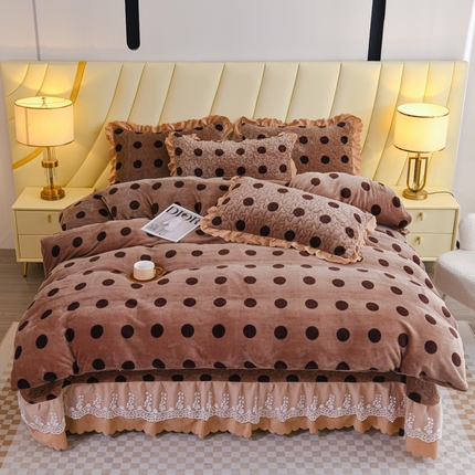 雅眠居 2025新款直播爆款牛奶绒印花床盖四件套双层蕾丝花边床裙单件三件套波点咖