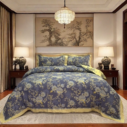 鲁爱 2025新款全棉色织双层纱新款镂空四件套 陌上花开-黑金