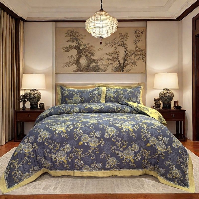 91家纺网 家纺一手货源 找家纺 鲁爱 2025新款全棉色织双层纱新款镂空四件套 陌上花开-黑金