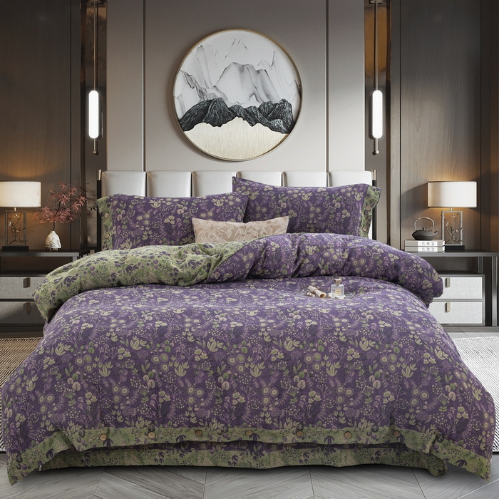 91家纺网 家纺一手货源 找家纺 鲁爱 2025新款全棉色织双层纱纽扣款四件套 普罗旺斯-紫