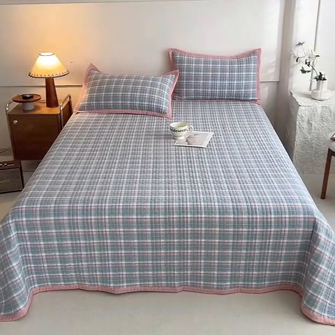 91家纺网 家纺一手货源 找家纺 棉小二 2024新款双面全棉色织水洗棉床盖三件套 达乐-蓝+小清香-粉