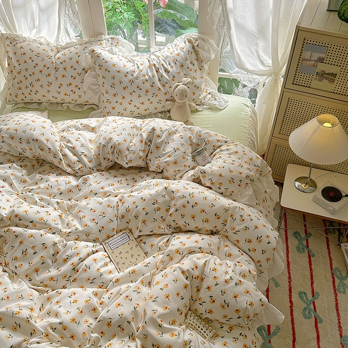 91家纺网 家纺一手货源 找家纺 家贝爱 2024新款南法风花边水洗棉四件套 南法风-恋人黄